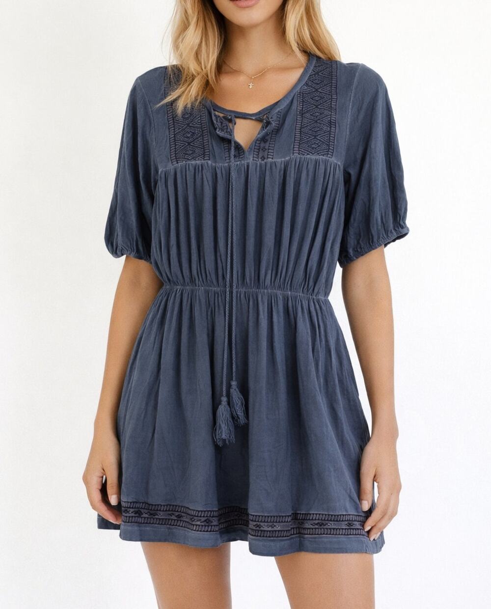 POL Short Puff Sleeve Boho Mini Dress Elastic Waist Tassel Drawstring Blue Small